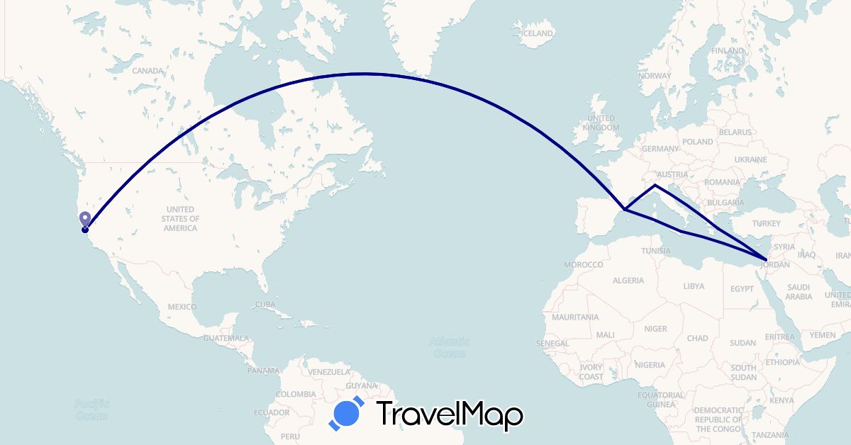 TravelMap itinerary: driving in Spain, Greece, Israel, Italy, United States (Asia, Europe, North America)